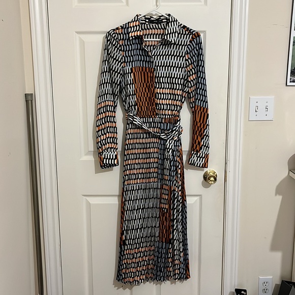 Mango Belted Geometric Print Midi Dress‎ Wedding Guest - Picture 4 of 8